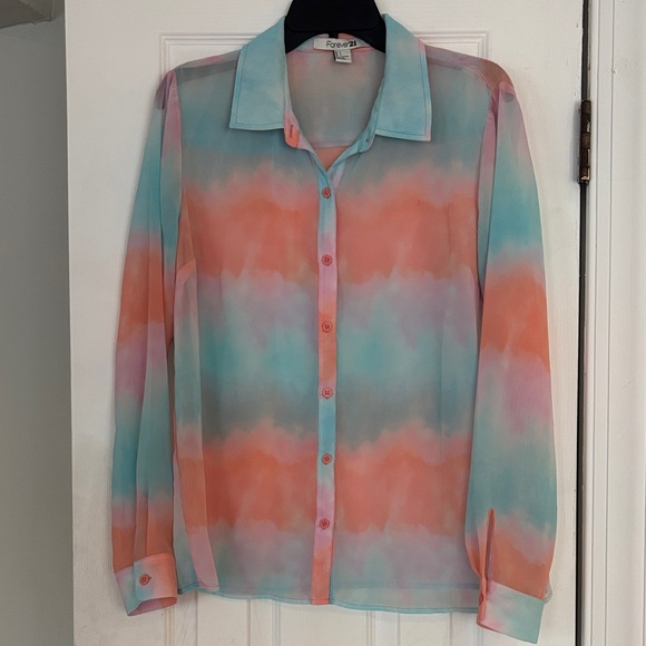 Forever 21 Tops - Forever 21 Coral, Aqua & Lavender Tie-Dye Button-Up Shirt